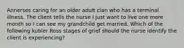 Annerses caring for an older adult clan who has a terminal illness. The client tells the nurse I just want to live one more month so I can see my grandchild get married. Which of the following kubler Ross stages of grief should the nurse identify the client is experiencing?