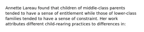 Annette Lareau found that children of middle-class parents tended to have a sense of entitlement while those of lower-class families tended to have a sense of constraint. Her work attributes different child-rearing practices to differences in: