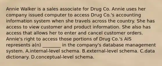 Annie Walker is a sales associate for Drug Co. Annie uses her company issued computer to access Drug Co.'s accounting information system when she travels across the country. She has access to view customer and product information. She also has access that allows her to enter and cancel customer orders. Annie's right to access those portions of Drug Co.'s AIS represents a(n) ________ in the company's database management system. A.internal-level schema. B.external-level schema. C.data dictionary. D.conceptual-level schema.