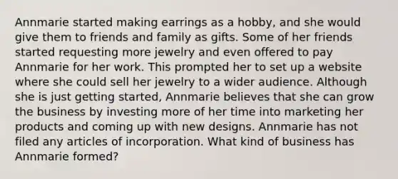 Annmarie started making earrings as a hobby, and she would give them to friends and family as gifts. Some of her friends started requesting more jewelry and even offered to pay Annmarie for her work. This prompted her to set up a website where she could sell her jewelry to a wider audience. Although she is just getting started, Annmarie believes that she can grow the business by investing more of her time into marketing her products and coming up with new designs. Annmarie has not filed any articles of incorporation. What kind of business has Annmarie formed?