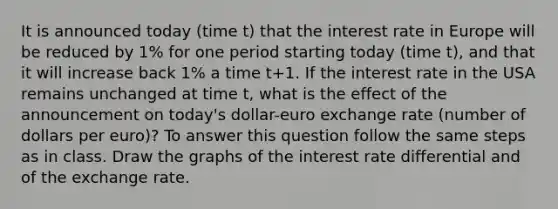 It is announced today (time t) that the interest rate in Europe will be reduced by 1% for one period starting today (time t), and that it will increase back 1% a time t+1. If the interest rate in the USA remains unchanged at time t, what is the effect of the announcement on today's dollar-euro exchange rate (number of dollars per euro)? To answer this question follow the same steps as in class. Draw the graphs of the interest rate differential and of the exchange rate.