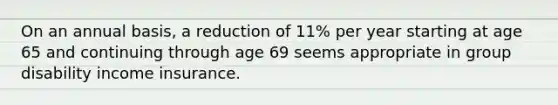 On an annual basis, a reduction of 11% per year starting at age 65 and continuing through age 69 seems appropriate in group disability income insurance.