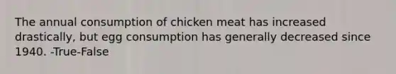 The annual consumption of chicken meat has increased drastically, but egg consumption has generally decreased since 1940. -True-False