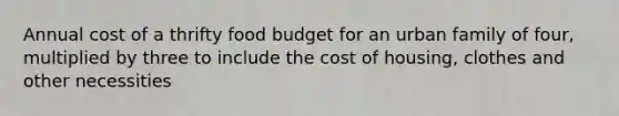 Annual cost of a thrifty food budget for an urban family of four, multiplied by three to include the cost of housing, clothes and other necessities