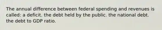 The annual difference between federal spending and revenues is called: a deficit. the debt held by the public. the national debt. the debt to GDP ratio.