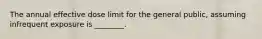 The annual effective dose limit for the general public, assuming infrequent exposure is ________.