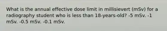 What is the annual effective dose limit in millisievert (mSv) for a radiography student who is less than 18-years-old? -5 mSv. -1 mSv. -0.5 mSv. -0.1 mSv.