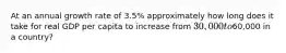 At an annual growth rate of 3.5% approximately how long does it take for real GDP per capita to increase from 30,000 to60,000 in a country?