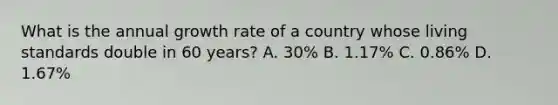 What is the annual growth rate of a country whose living standards double in 60 years? A. 30% B. 1.17% C. 0.86% D. 1.67%