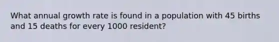 What annual growth rate is found in a population with 45 births and 15 deaths for every 1000 resident?