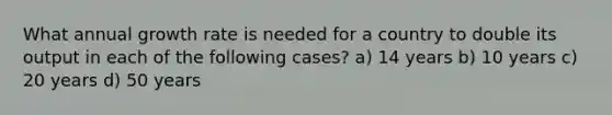 What annual growth rate is needed for a country to double its output in each of the following cases? a) 14 years b) 10 years c) 20 years d) 50 years