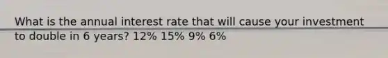 What is the annual interest rate that will cause your investment to double in 6 years? 12% 15% 9% 6%