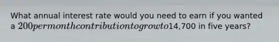 What annual interest rate would you need to earn if you wanted a 200 per month contribution to grow to14,700 in five years?