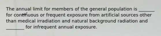 The annual limit for members of the general population is _______ for continuous or frequent exposure from artificial sources other than medical irradiation and natural background radiation and ________ for infrequent annual exposure.