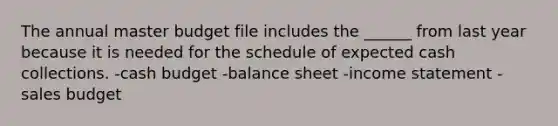 The annual master budget file includes the ______ from last year because it is needed for the schedule of expected cash collections. -cash budget -balance sheet -income statement -sales budget