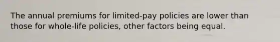 The annual premiums for limited-pay policies are lower than those for whole-life policies, other factors being equal.