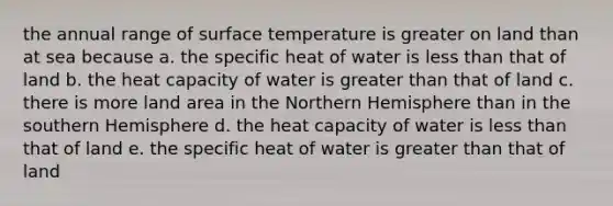 the annual range of surface temperature is greater on land than at sea because a. the specific heat of water is less than that of land b. the heat capacity of water is greater than that of land c. there is more land area in the Northern Hemisphere than in the southern Hemisphere d. the heat capacity of water is less than that of land e. the specific heat of water is greater than that of land