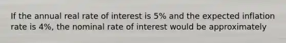 If the annual real rate of interest is 5% and the expected inflation rate is 4%, the nominal rate of interest would be approximately