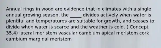 Annual rings in wood are evidence that in climates with a single annual growing season, the _____ divides actively when water is plentiful and temperatures are suitable for growth, and ceases to divide when water is scarce and the weather is cold. ( Concept 35.4) lateral meristem vascular cambium apical meristem cork cambium marginal meristem