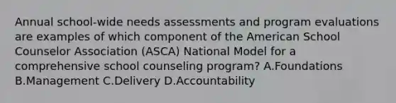 Annual school-wide needs assessments and program evaluations are examples of which component of the American School Counselor Association (ASCA) National Model for a comprehensive school counseling program? A.Foundations B.Management C.Delivery D.Accountability