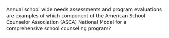 Annual school-wide needs assessments and program evaluations are examples of which component of the American School Counselor Association (ASCA) National Model for a comprehensive school counseling program?