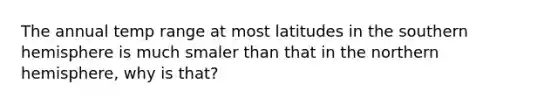 The annual temp range at most latitudes in the southern hemisphere is much smaler than that in the northern hemisphere, why is that?