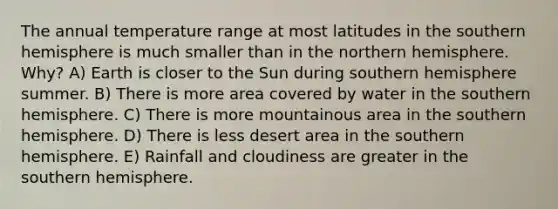 The annual temperature range at most latitudes in the southern hemisphere is much smaller than in the northern hemisphere. Why? A) Earth is closer to the Sun during southern hemisphere summer. B) There is more area covered by water in the southern hemisphere. C) There is more mountainous area in the southern hemisphere. D) There is less desert area in the southern hemisphere. E) Rainfall and cloudiness are greater in the southern hemisphere.