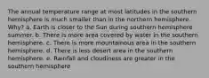 The annual temperature range at most latitudes in the southern hemisphere is much smaller than in the northern hemisphere. Why? a. Earth is closer to the Sun during southern hemisphere summer. b. There is more area covered by water in the southern hemisphere. c. There is more mountainous area in the southern hemisphere. d. There is less desert area in the southern hemisphere. e. Rainfall and cloudiness are greater in the southern hemisphere