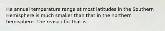 He annual temperature range at most latitudes in the Southern Hemisphere is much smaller than that in the northern hemisphere. The reason for that is