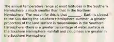 The annual temperature range at most latitudes in the Southern Hemisphere is much smaller than that in the Northern Hemisphere. The reason for this is that ________. -Earth is closest to the Sun during the Southern Hemisphere summer -a greater proportion of the land surface is mountainous in the Southern Hemisphere -there is a greater percentage of water surface in the Southern Hemisphere -rainfall and cloudiness are greater in the Southern Hemisphere