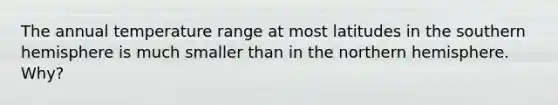 The annual temperature range at most latitudes in the southern hemisphere is much smaller than in the northern hemisphere. Why?