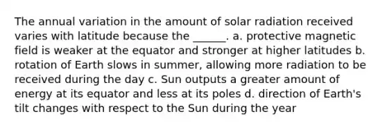 The annual variation in the amount of solar radiation received varies with latitude because the ______. a. protective magnetic field is weaker at the equator and stronger at higher latitudes b. rotation of Earth slows in summer, allowing more radiation to be received during the day c. Sun outputs a greater amount of energy at its equator and less at its poles d. direction of Earth's tilt changes with respect to the Sun during the year