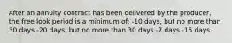 After an annuity contract has been delivered by the producer, the free look period is a minimum of: -10 days, but no more than 30 days -20 days, but no more than 30 days -7 days -15 days