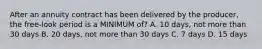 After an annuity contract has been delivered by the producer, the free-look period is a MINIMUM of? A. 10 days, not more than 30 days B. 20 days, not more than 30 days C. 7 days D. 15 days