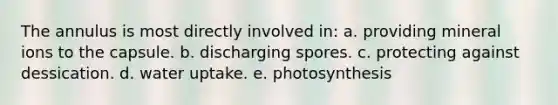 The annulus is most directly involved in: a. providing mineral ions to the capsule. b. discharging spores. c. protecting against dessication. d. water uptake. e. photosynthesis