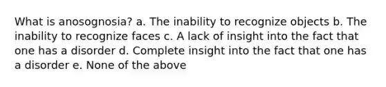 What is anosognosia? a. The inability to recognize objects b. The inability to recognize faces c. A lack of insight into the fact that one has a disorder d. Complete insight into the fact that one has a disorder e. None of the above