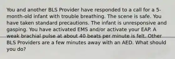 You and another BLS Provider have responded to a call for a 5-month-old infant with trouble breathing. The scene is safe. You have taken standard precautions. The infant is unresponsive and gasping. You have activated EMS and/or activate your EAP. A weak brachial pulse at about 40 beats per minute is felt. Other BLS Providers are a few minutes away with an AED. What should you do?