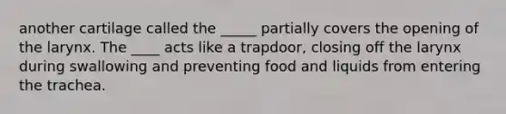 another cartilage called the _____ partially covers the opening of the larynx. The ____ acts like a trapdoor, closing off the larynx during swallowing and preventing food and liquids from entering the trachea.