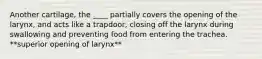 Another cartilage, the ____ partially covers the opening of the larynx, and acts like a trapdoor, closing off the larynx during swallowing and preventing food from entering the trachea. **superior opening of larynx**