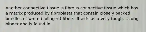 Another connective tissue is fibrous connective tissue which has a matrix produced by fibroblasts that contain closely packed bundles of white (collagen) fibers. It acts as a very tough, strong binder and is found in