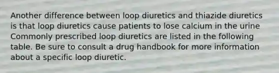 Another difference between loop diuretics and thiazide diuretics is that loop diuretics cause patients to lose calcium in the urine Commonly prescribed loop diuretics are listed in the following table. Be sure to consult a drug handbook for more information about a specific loop diuretic.