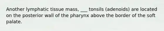 Another lymphatic tissue mass, ___ tonsils (adenoids) are located on the posterior wall of the pharynx above the border of the soft palate.