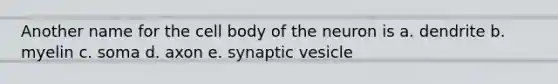 Another name for the cell body of the neuron is a. dendrite b. myelin c. soma d. axon e. synaptic vesicle