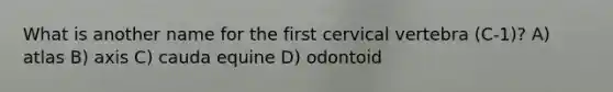 What is another name for the first cervical vertebra (C-1)? A) atlas B) axis C) cauda equine D) odontoid