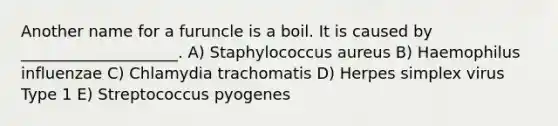 Another name for a furuncle is a boil. It is caused by ____________________. A) Staphylococcus aureus B) Haemophilus influenzae C) Chlamydia trachomatis D) Herpes simplex virus Type 1 E) Streptococcus pyogenes