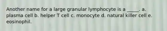 Another name for a large granular lymphocyte is a _____. a. plasma cell b. helper T cell c. monocyte d. natural killer cell e. eosinophil.