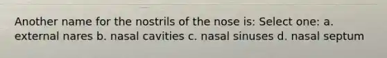 Another name for the nostrils of the nose is: Select one: a. external nares b. nasal cavities c. nasal sinuses d. nasal septum