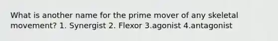 What is another name for the prime mover of any skeletal movement? 1. Synergist 2. Flexor 3.agonist 4.antagonist