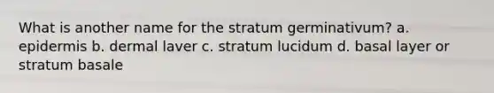 What is another name for the stratum germinativum? a. epidermis b. dermal laver c. stratum lucidum d. basal layer or stratum basale