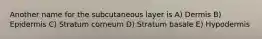 Another name for the subcutaneous layer is A) Dermis B) Epidermis C) Stratum corneum D) Stratum basale E) Hypodermis